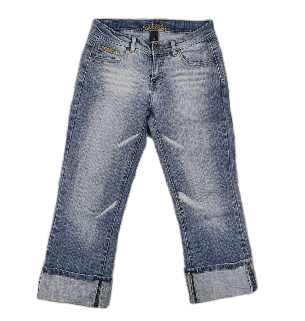 Southpole Jeans Women's 5 Cuffed 27X22 Measured Low Rise Capris Distressed Look